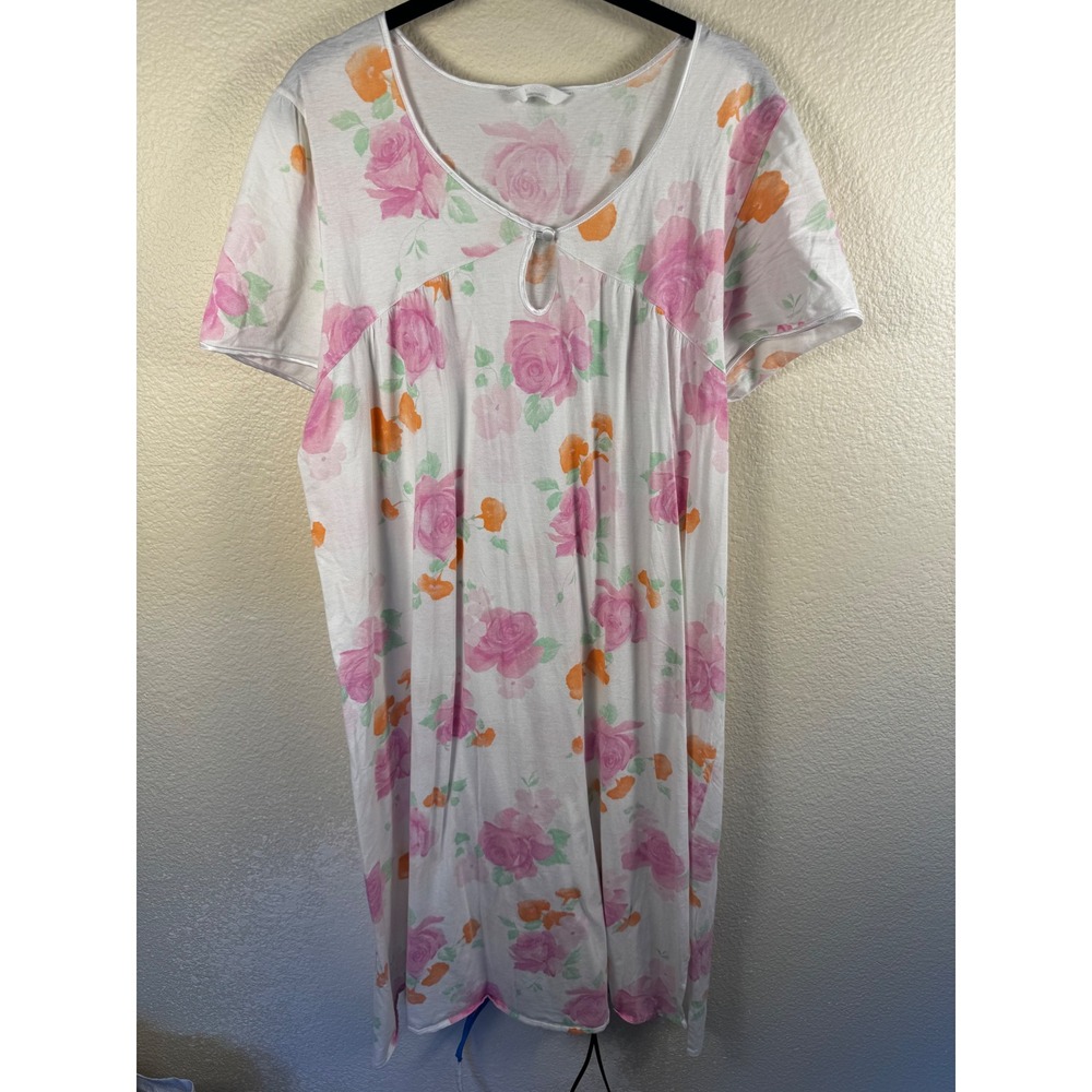 Hanro Switzerland Nightgown Women Large Floral Lace Trim V Neck Short Sleeve